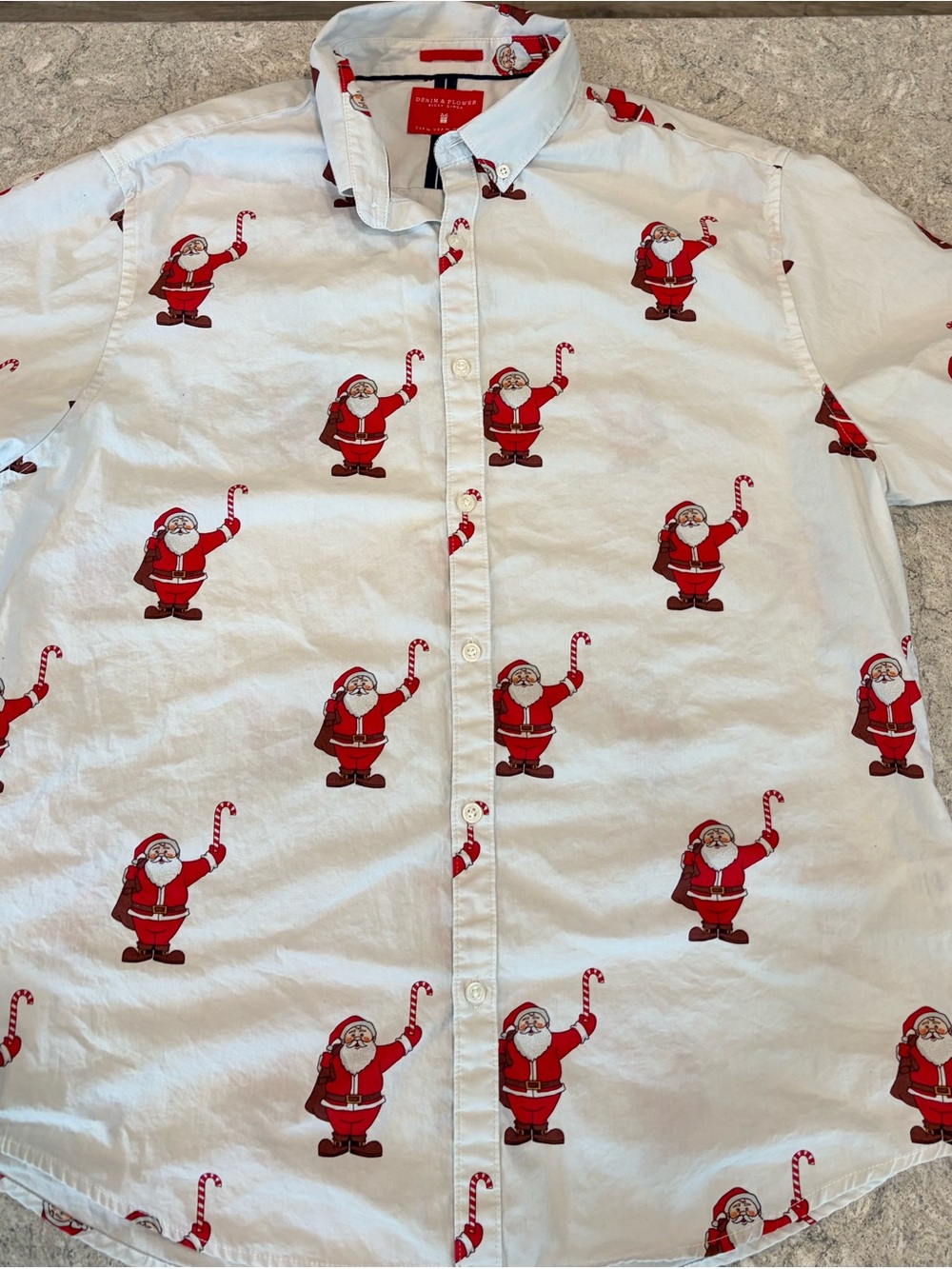 Denim & Flower White Short Sleeve Shirt with Red Santa Print Christmas-XL